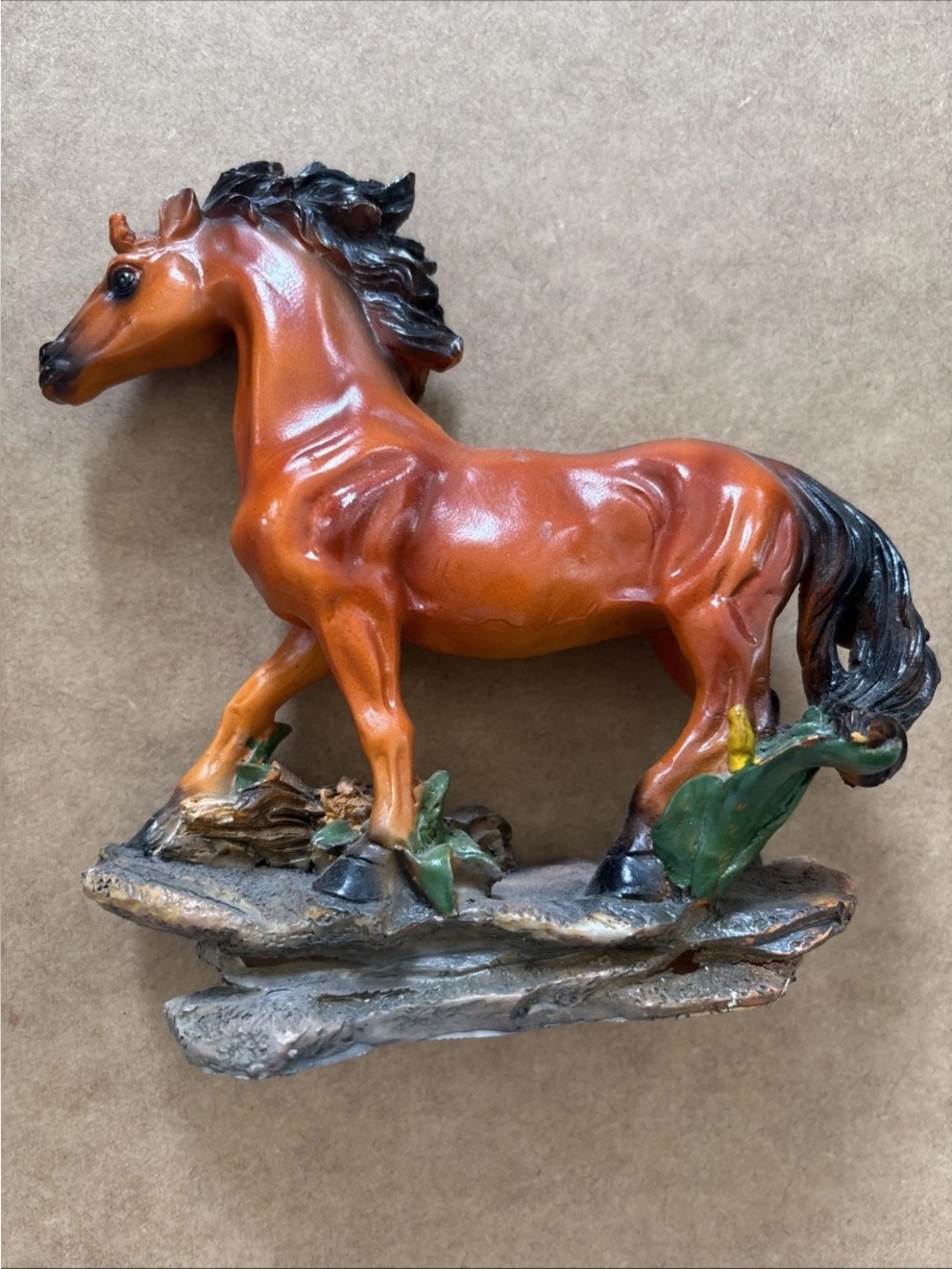 Vintage Resin Horse Figurine Statue - Chestnut Brown Stallion on Rock Base 6”